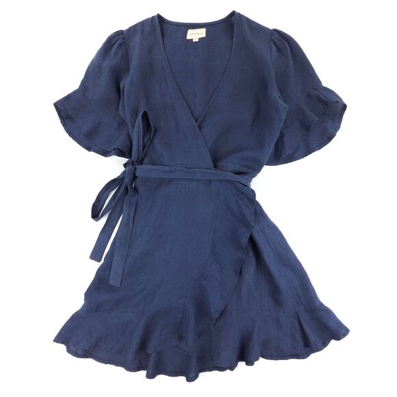 HONORINE 100% Linen Edie Ruffled Wrap Dress Mini Navy Boho Old Money Minimal - Picture 1 of 7